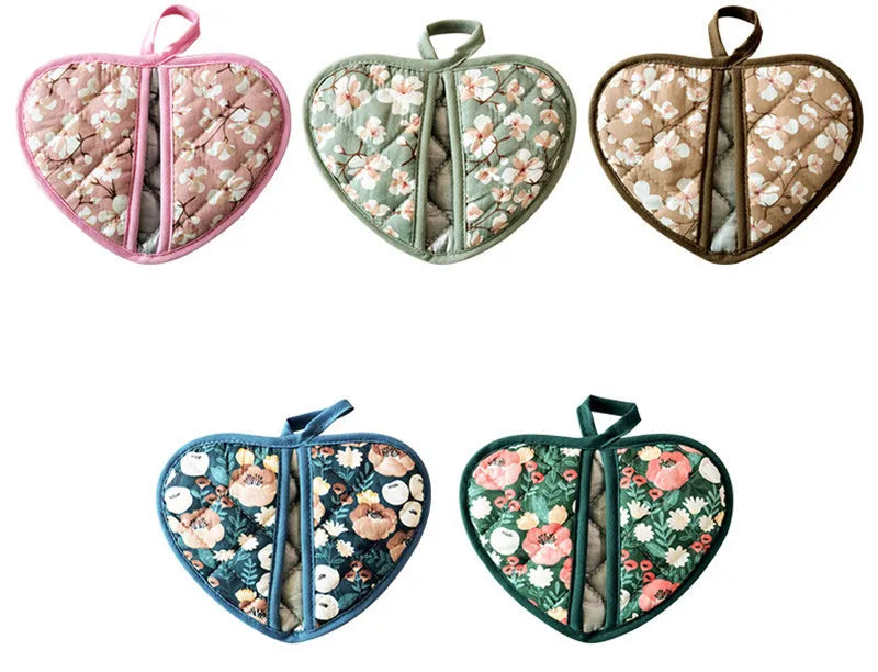Flower Cotton Printed Baking Oven Gloves Home Kitchen Hot Resistant Heart-shaped Hand Clip Insulation Pad