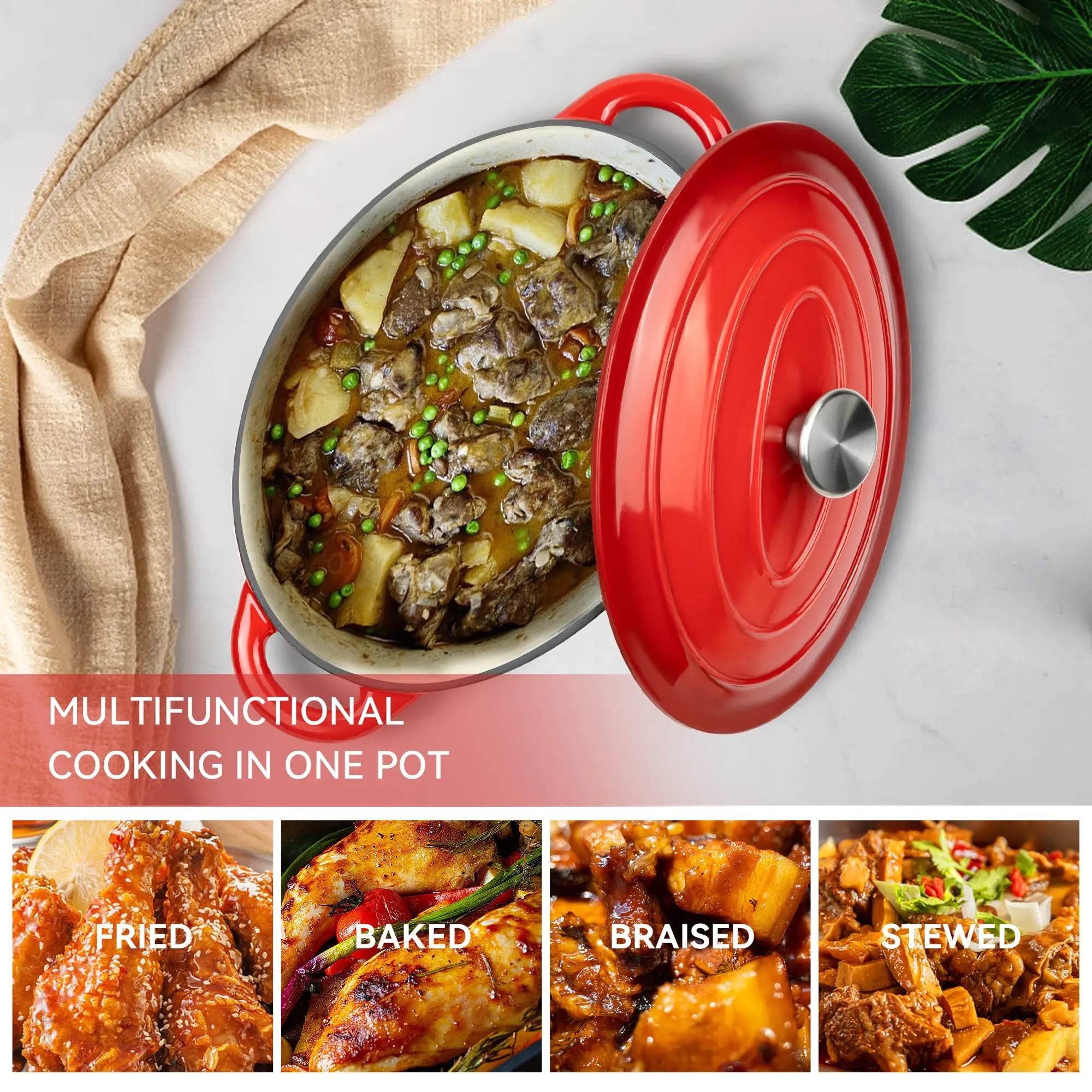 33cm Enameled Cast Iron Oval Dutch Oven for Braising Broiling Bread Baking 4L Saucepan Kitchen Utensil Cast Iron Casserole Dish