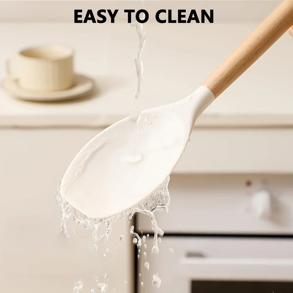 2pcs Silicone Spatula Spoons with Wooden Handle -Non-Stick Kitchen Utensils for Cooking, Rice, and More | Ergonomic | Durable
