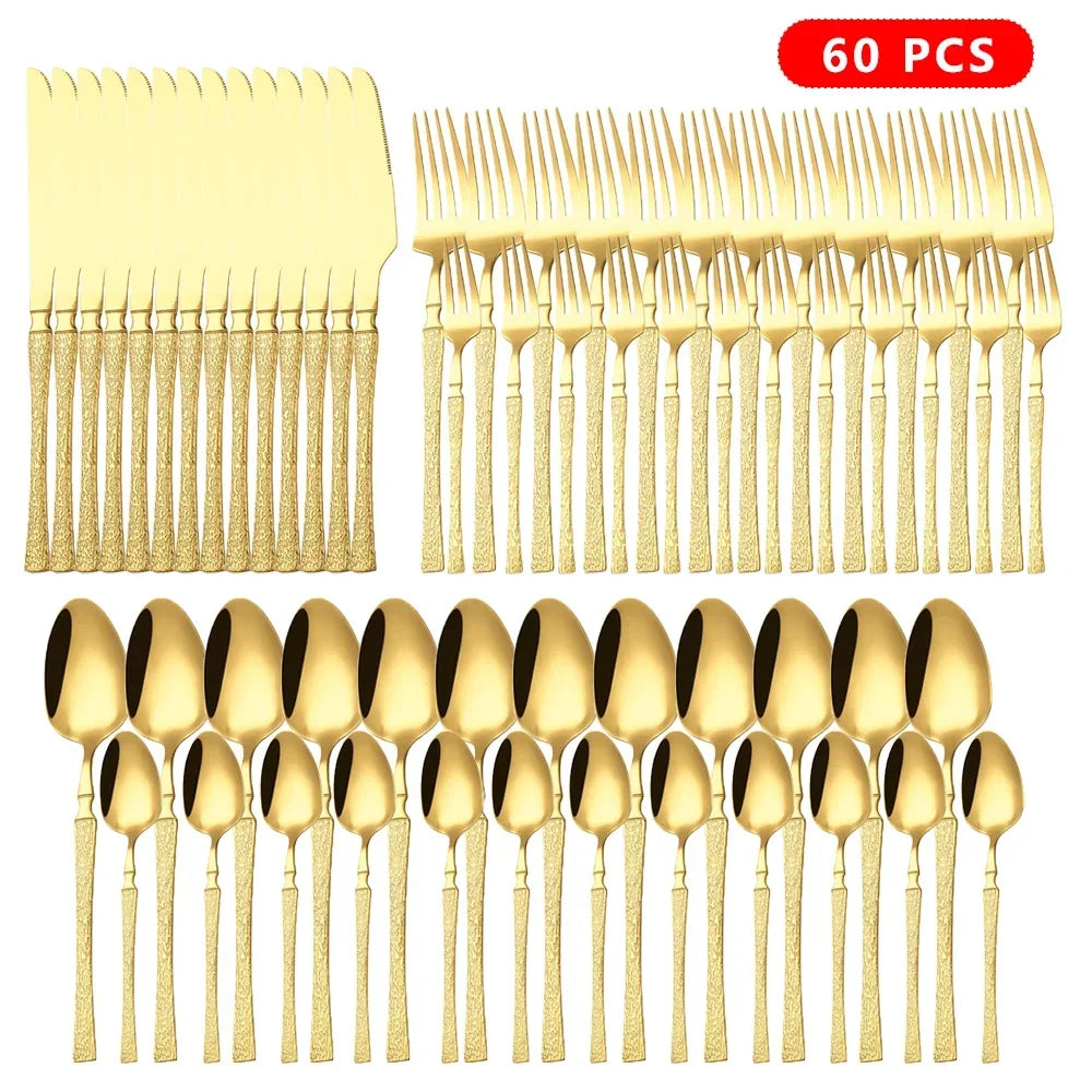 40/60pcs Stainless Steel Cutlery Set,Hammer Pattern Handle,Dishwasher Safe Flatware,Durable Dinnerware for Home,Restaurant,Party