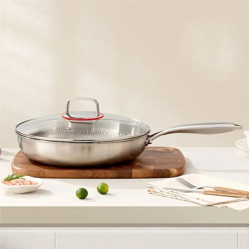 SHGO-Professional 3-Layer Stainless Steel Hammered Frying Pan Ergonomic Handles For All Stoves Cooking Utensil