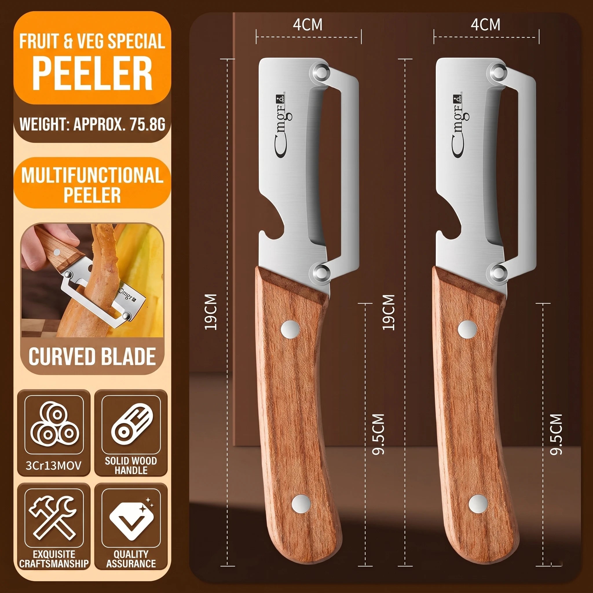 Premium 2-Piece Peeling Knife Set Ultra Sharp Stainless Steel Blade Wood Handle with Bottle Opener&Hanging Loop for Home Kitchen