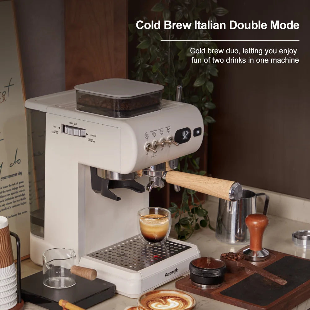 Semi-Automatic Espresso Machine with Built-in Grinder, Hot & Cold Dual Brew System with Steam Milk Frother, Compact Home Barista