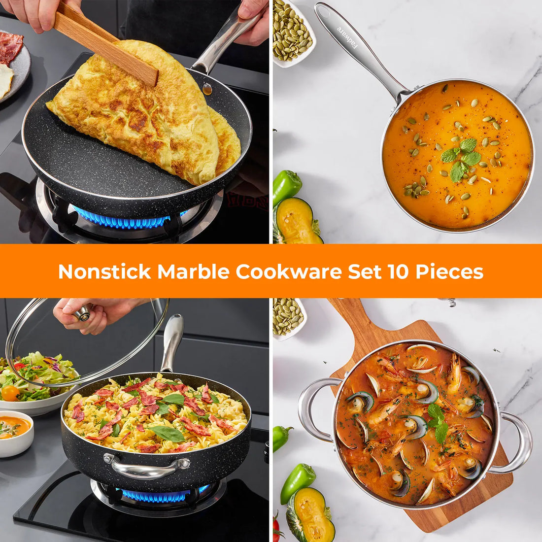 Nonstick Pots and Pans Set 10pcs, Induction hob Pan Set, Induction Compatible, Large Capacity Kitchen Cooking Pans Set