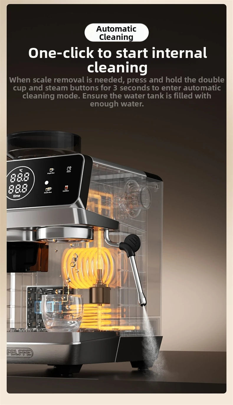 Home Espresso Machine with Grinder, 20Bar Pressure, Dual Temperature Control for Hot/Cold Brew, Compact Semi-Automatic Coffee Ma
