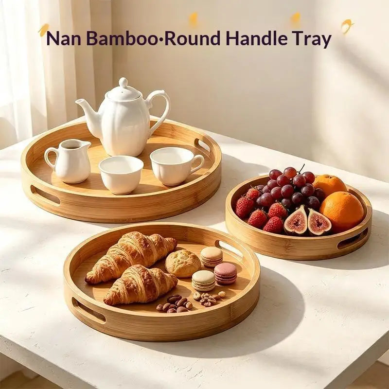 Round Bamboo Tray Wooden With Handle Tea Food Tray 25/30/35/40CM Serving Tray Breakfast Dinner