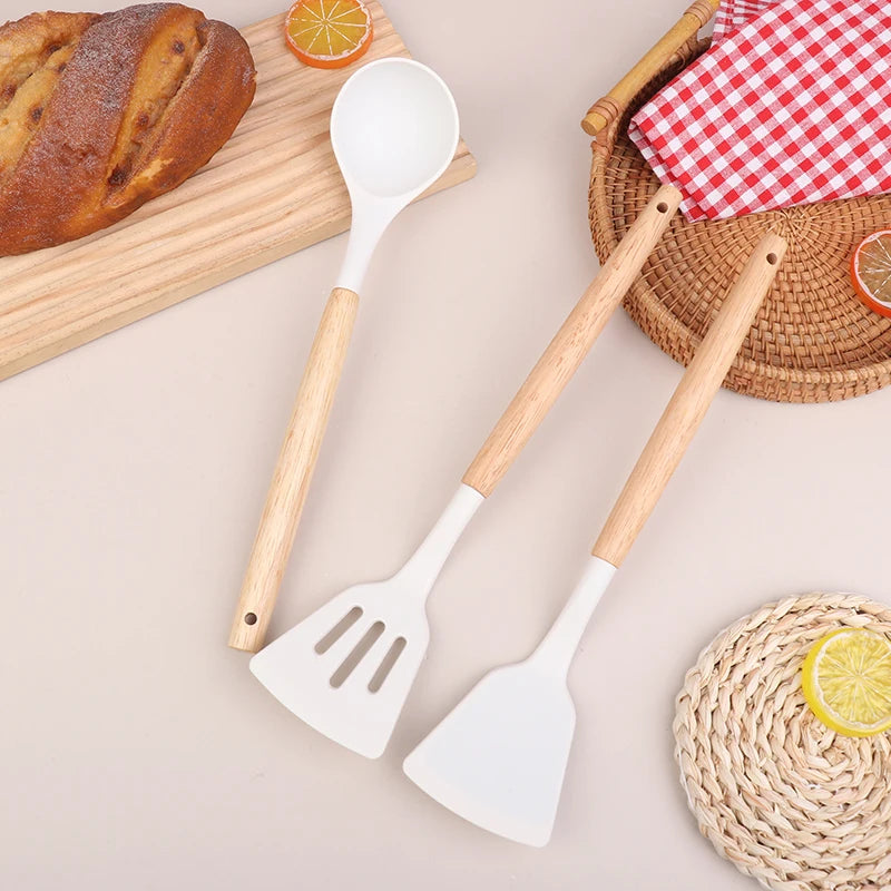 ♥Silicone Kitchen Utensil Set with Wooden Handles - Heat Resistant Spatula and Ladle for Nonstick Cookware