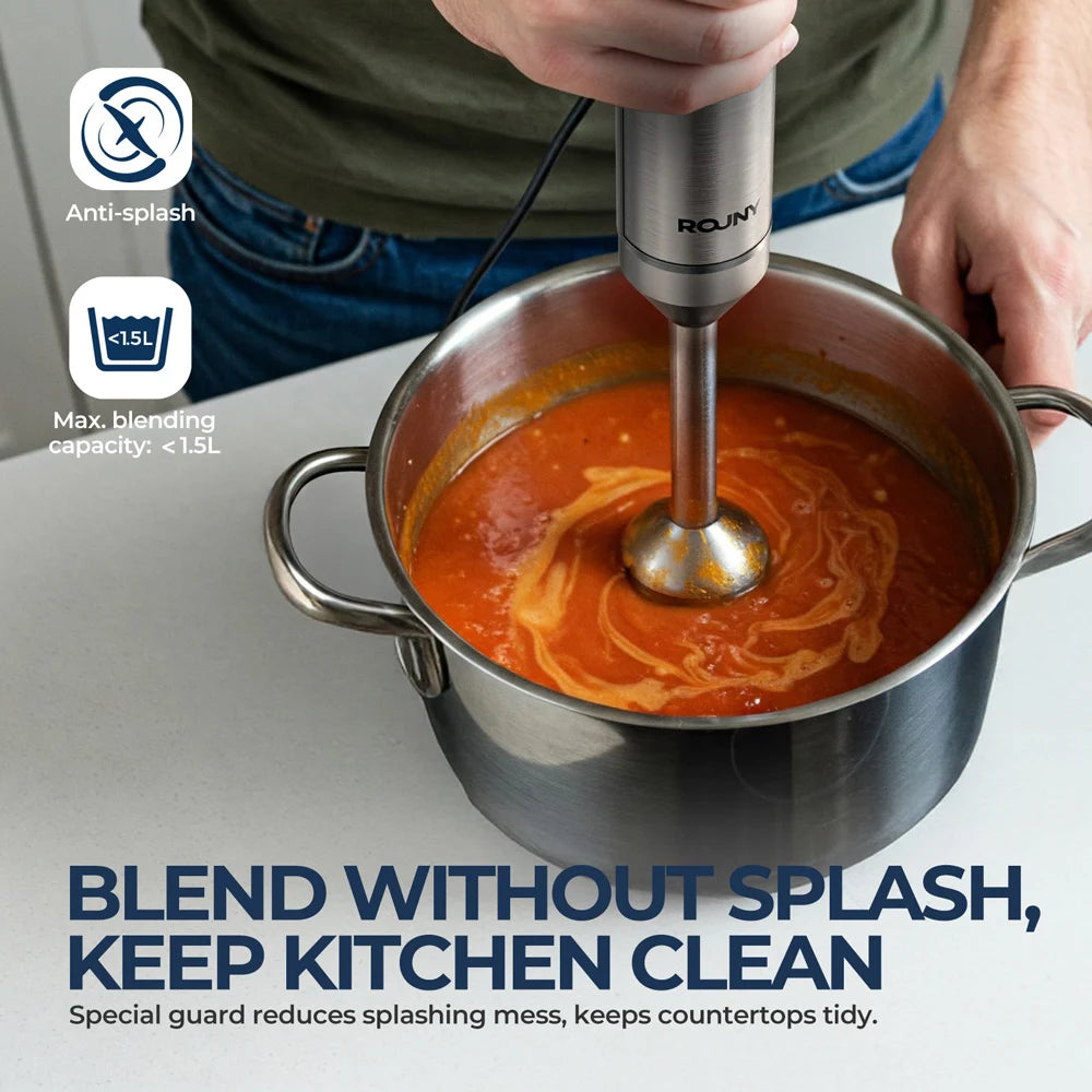 ROUNY 4-in-1 Hand Immersion Blender 1000W Powerful, Stainless Steel Stick Food Mixer,700ml Mixing Beaker,500ml Processor, Whisk