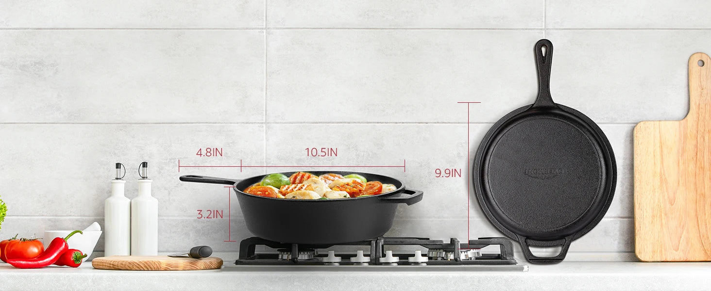 2-in-1 Pre-Seasoned Cast Iron Dutch Oven Pot 10" Deep Pot And Frying Pan For Cooking Baking Bread 3QT Skillet Cookware Set